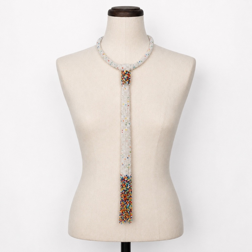Maasai Kenyan Handmade White Seed Bead Lariat Necklace Multi Color Tassel Fringe